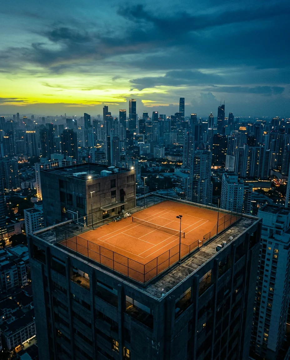 A clay tennis court on a rooftop atop a skyscraper at dusk, with a city skyline glowing behind it.