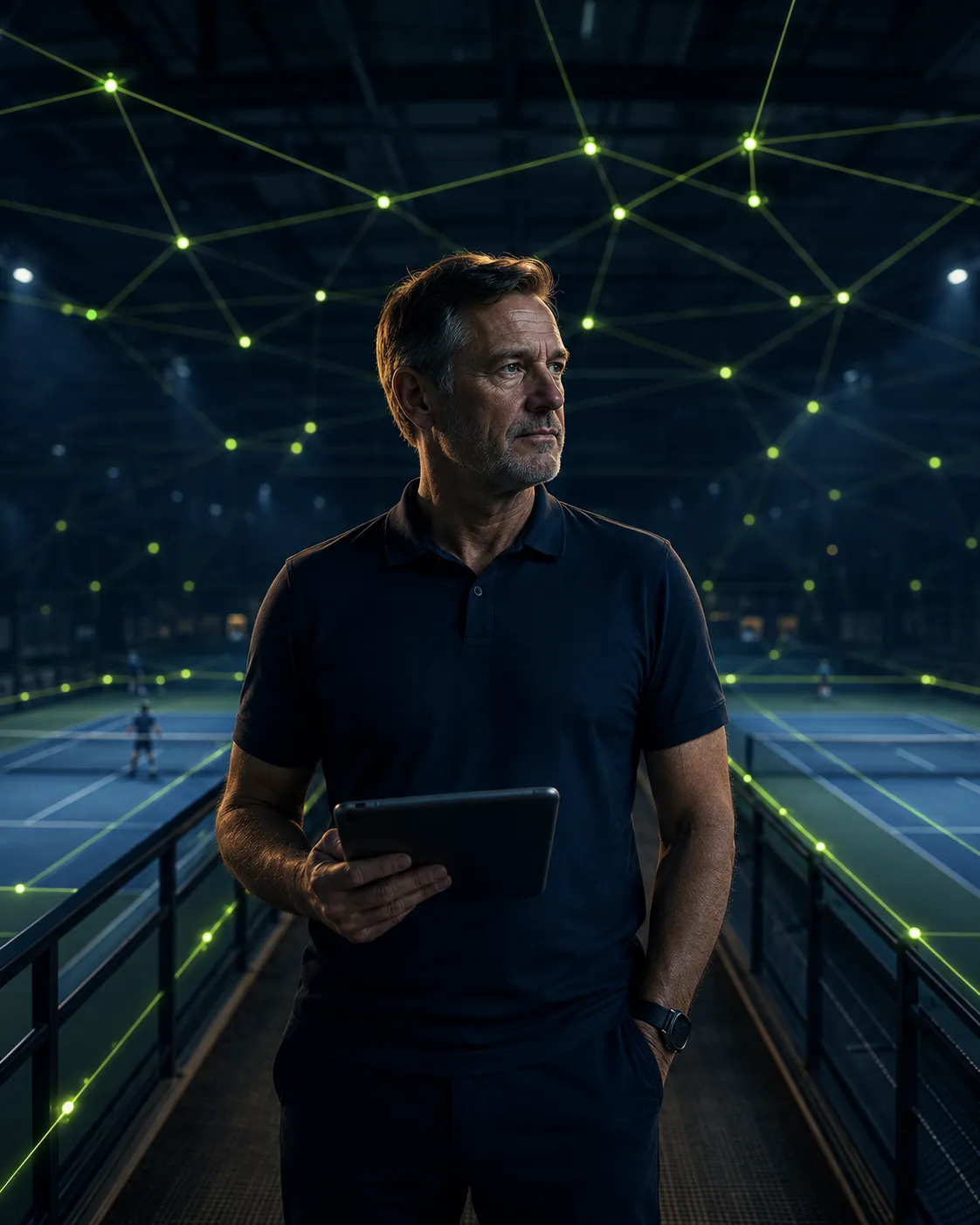 A court operator in a dark polo on a walkway above floodlit indoor courts at night, tablet in hand, calm and in control, a green verified-network glow across the arena.