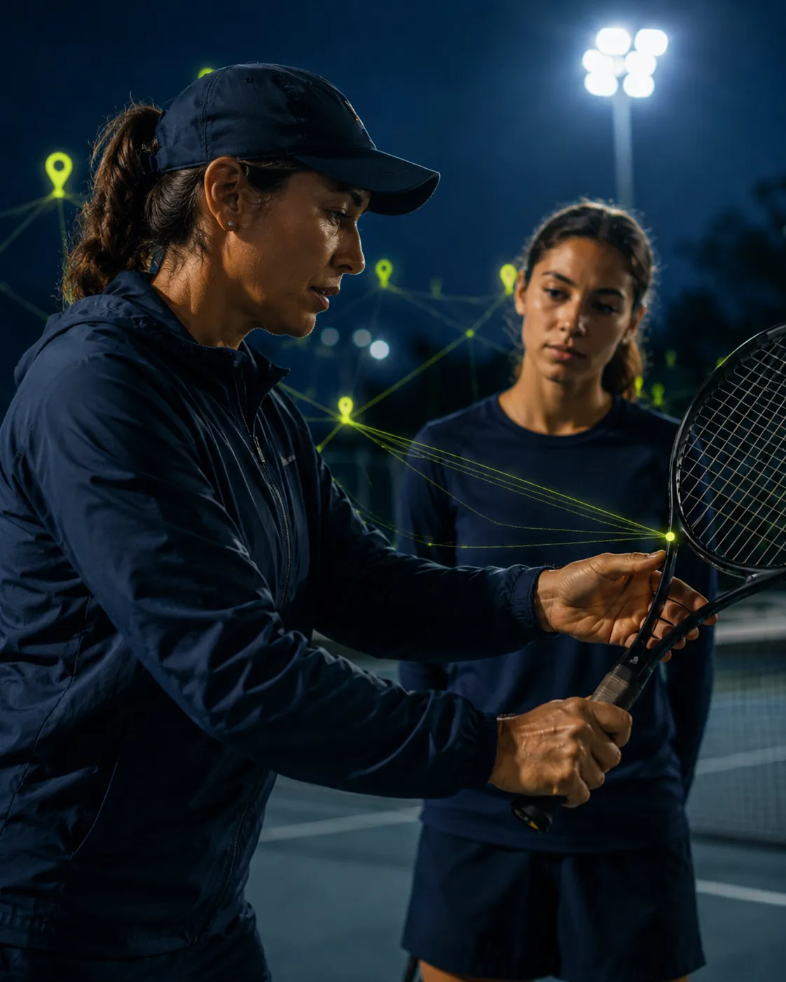 A female tennis coach guiding a student's grip on a racquet on an outdoor court at night under floodlights, a green verified-network glow tracing across the scene.