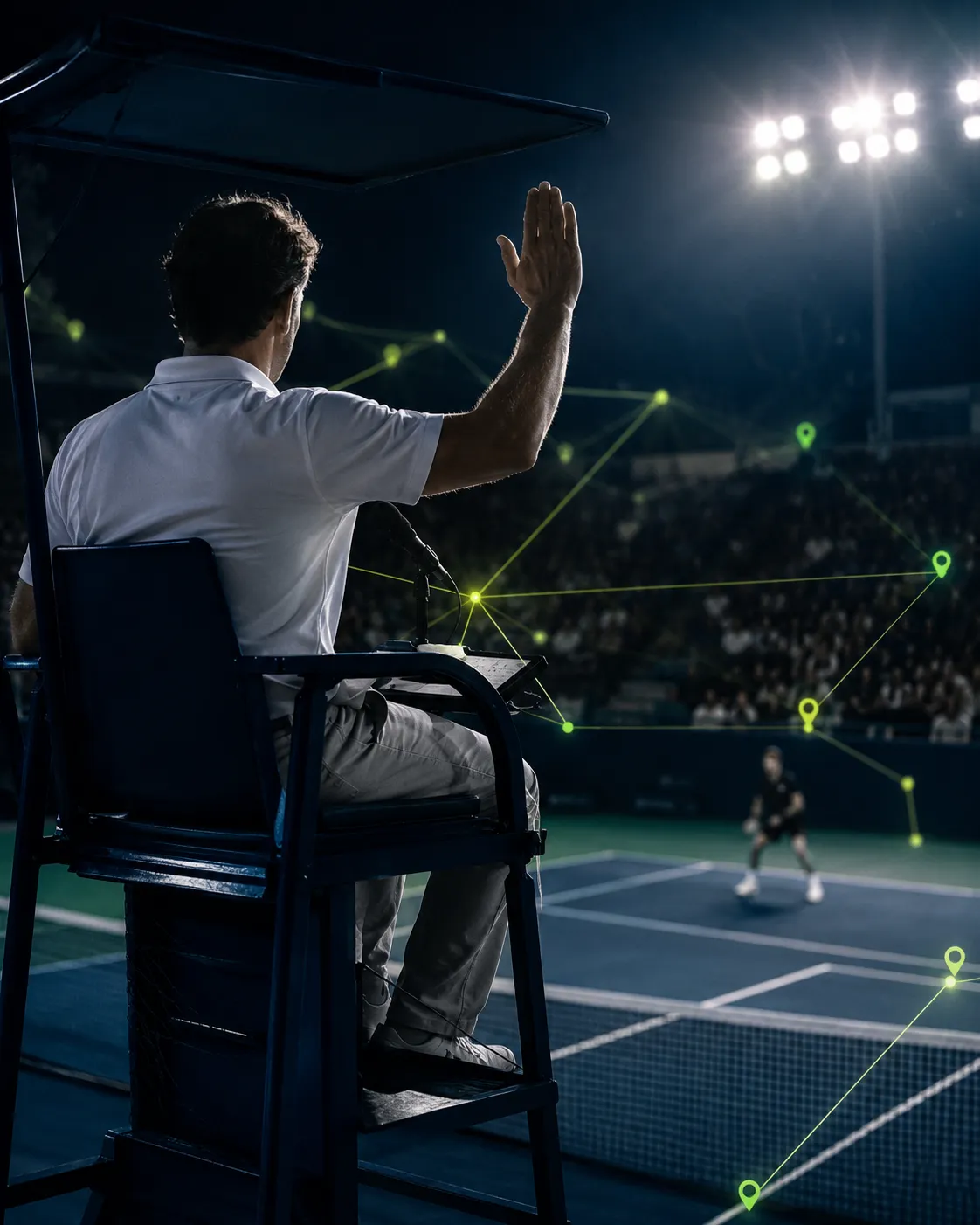 A chair umpire up in the high chair signalling over a floodlit night match, players on the court below, a green verified-network glow across the stadium.